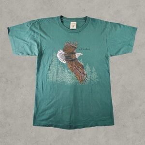 Vintage Alaska Shirt Mens Medium Green 90s Single Stitch Eagle Nature Scenery